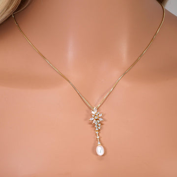 Swarovski Crystal Leaves And Faux Pearl Necklace Set, Long Bridal Earrings And Necklace, Statement Earrings Cz
